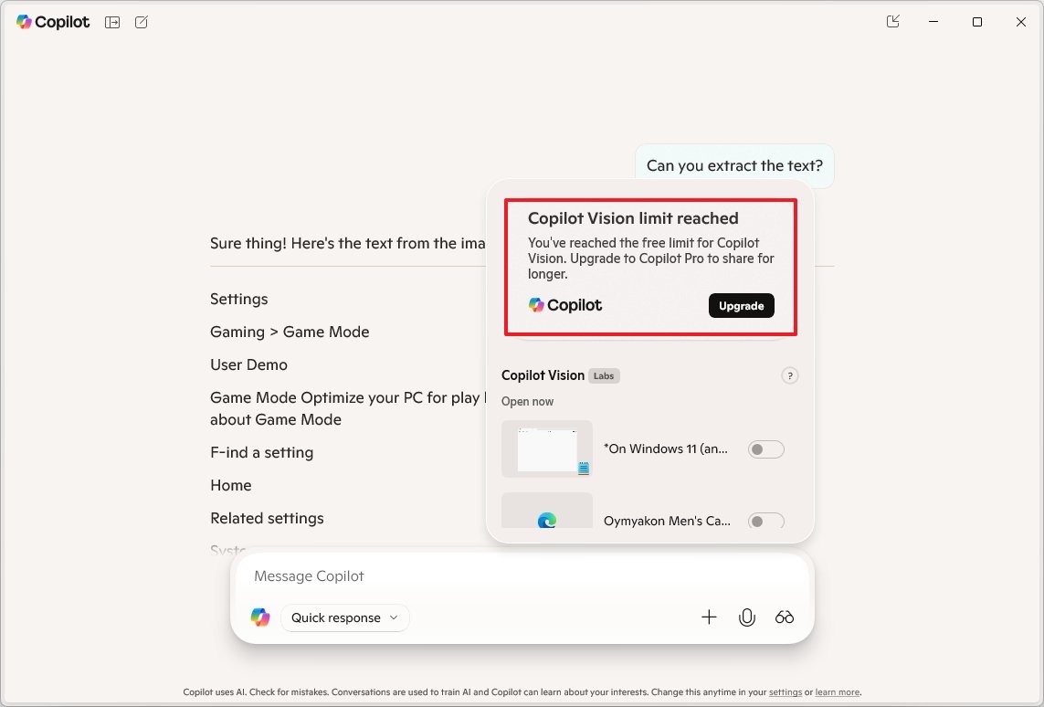 Copilot Vision limited usage