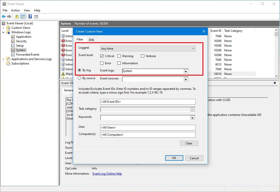 Event Viewer create custom view