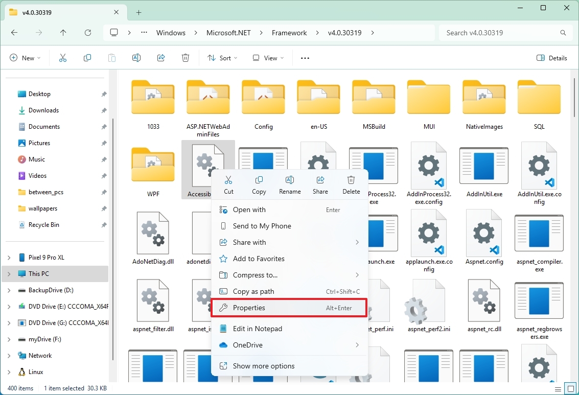 Framework files properties