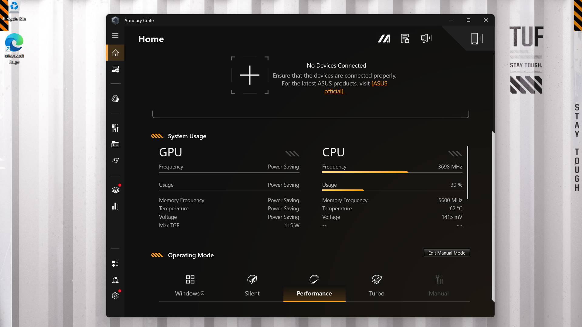 Screenshot of Asus Armoury Crate app