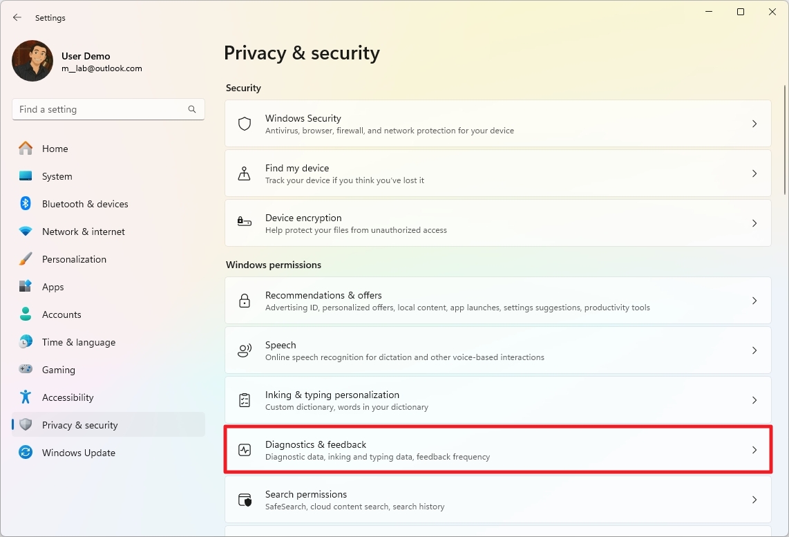 Diagnostic & feedback settings