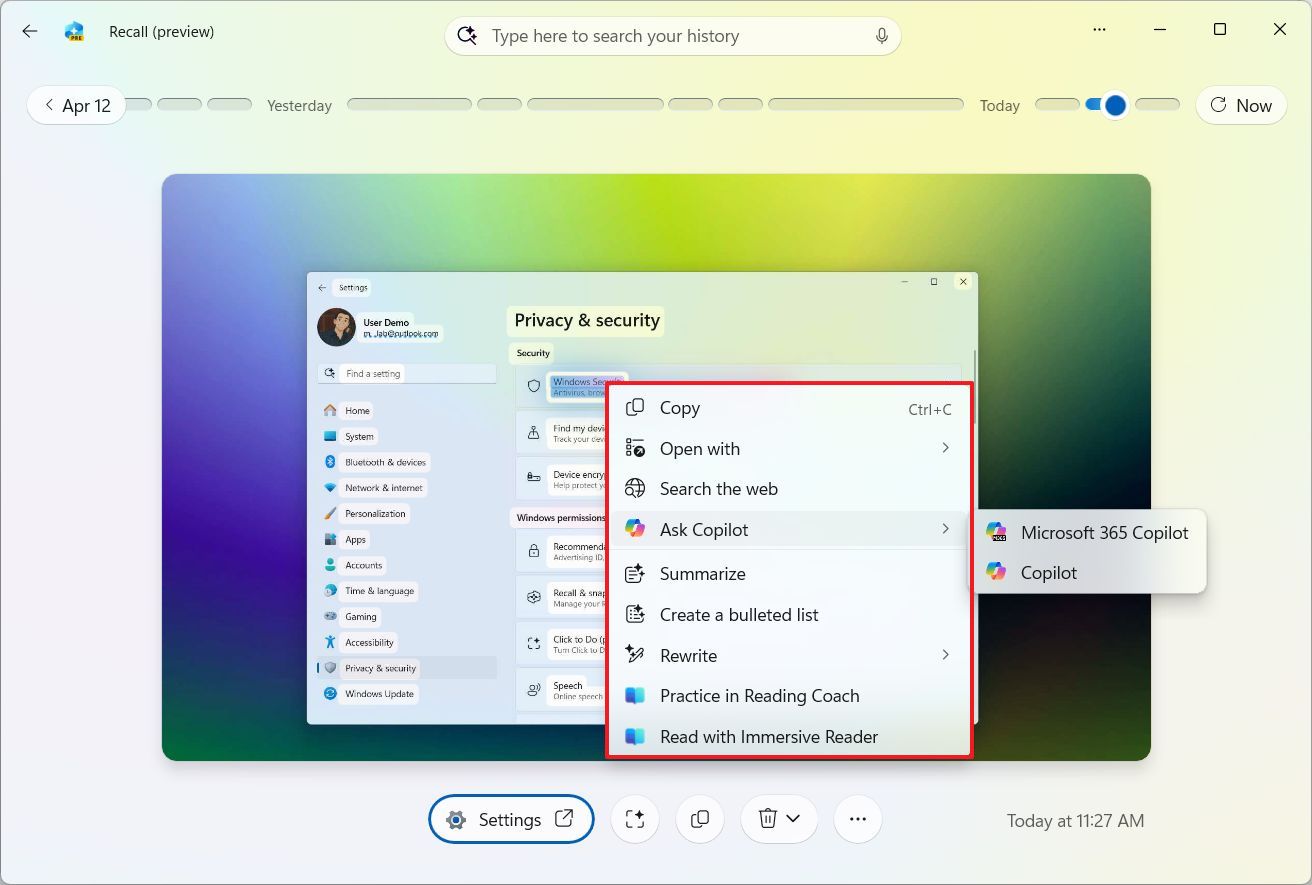 Recall Click to Do context menu