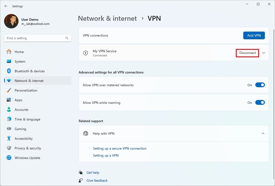 Disconnect VPN via Settings