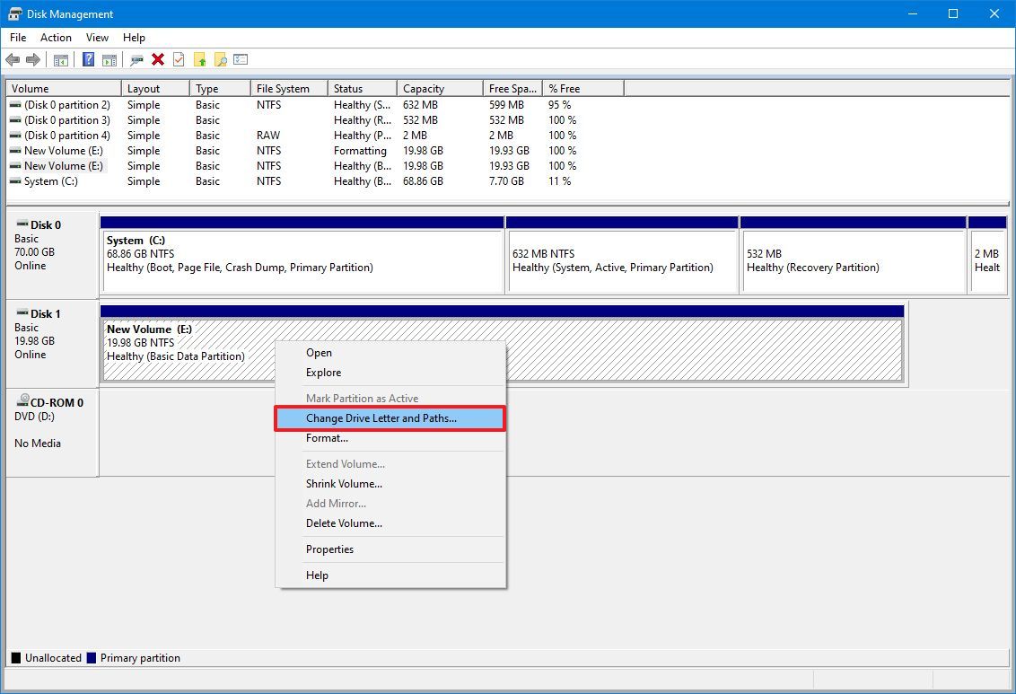 Disk Management change drive letter