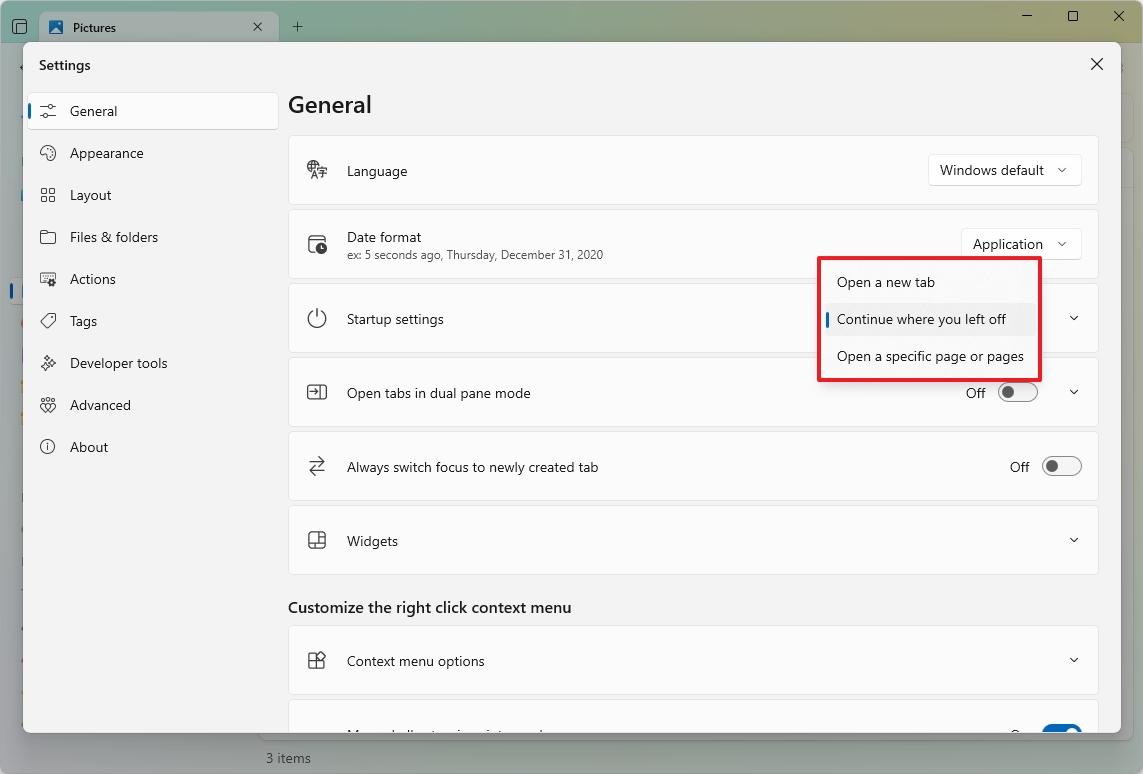Files App change startup settings