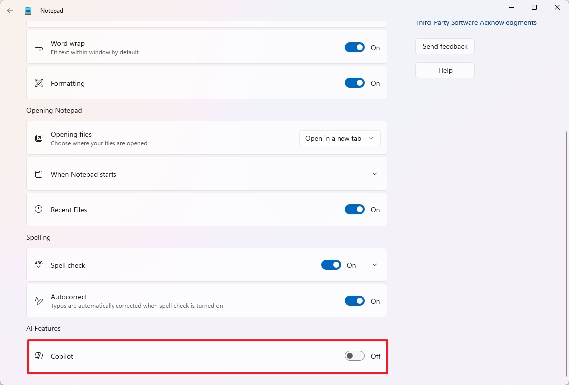 Notepad disable Copilot