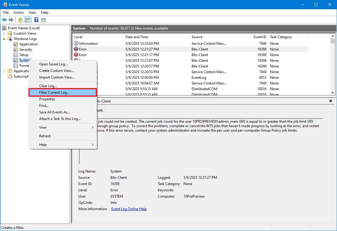 Event Viewer Filter Current Logs