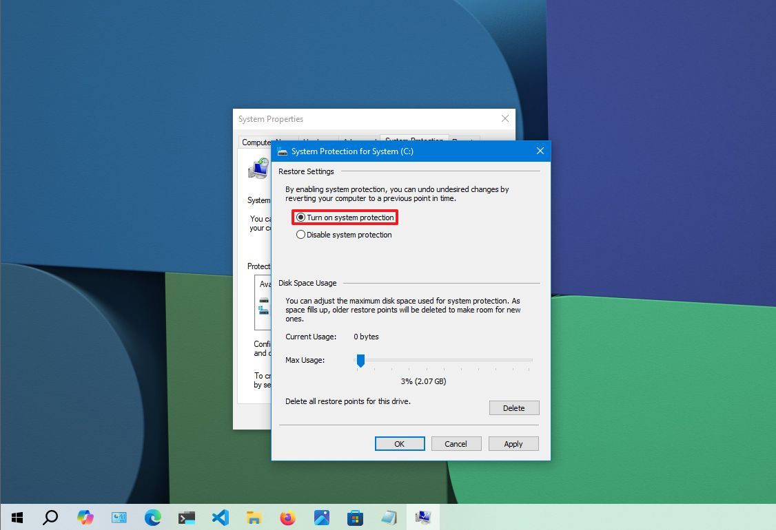 Turn on system protection on Windows 10