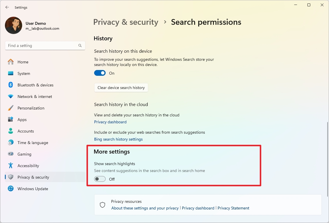 Search disable highlights