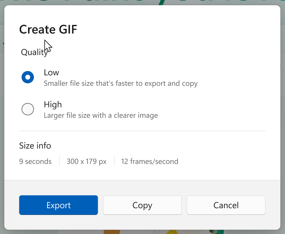 GIF settings in Snipping Tool