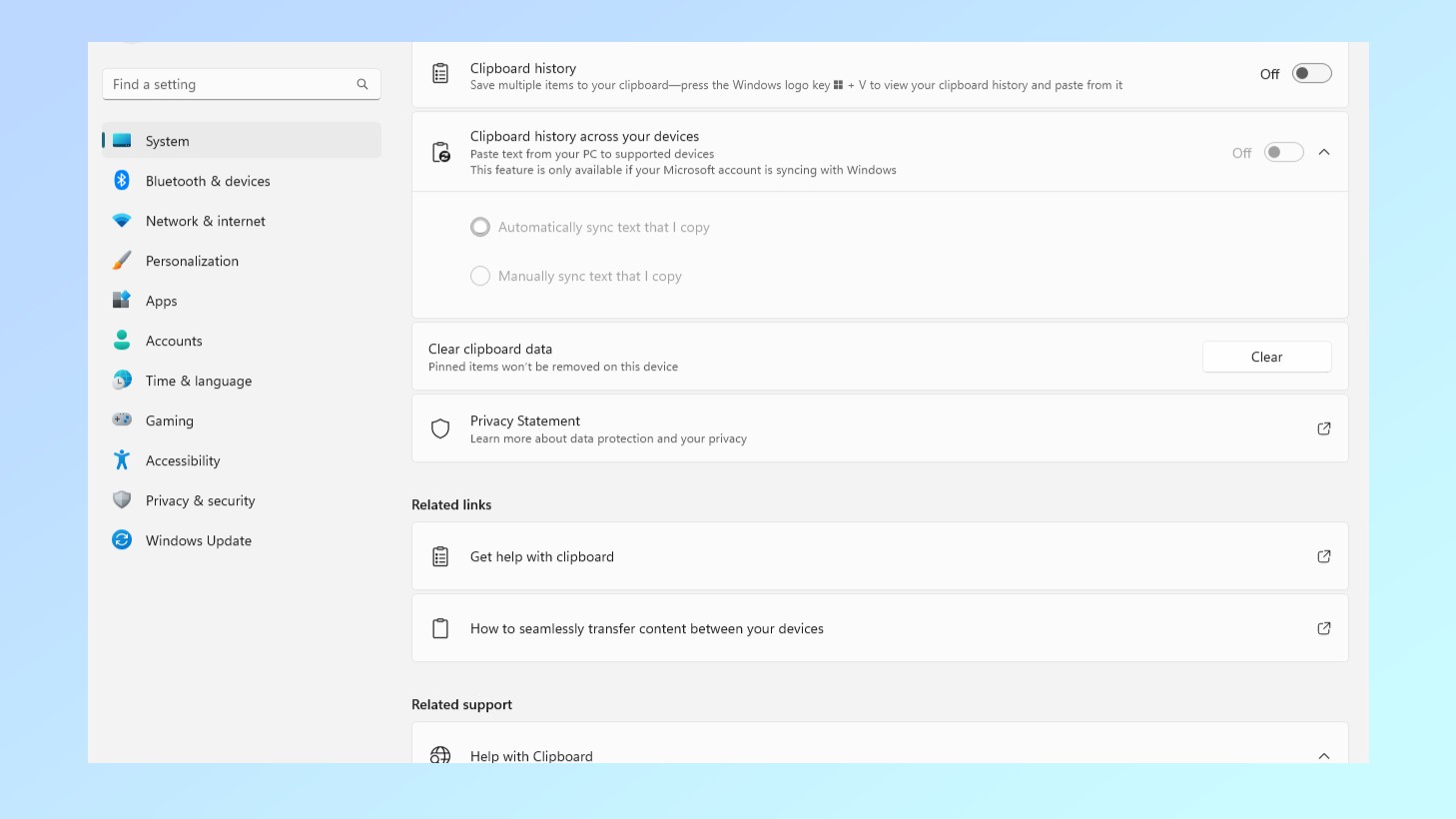 Clipboard history menu in Windows 11