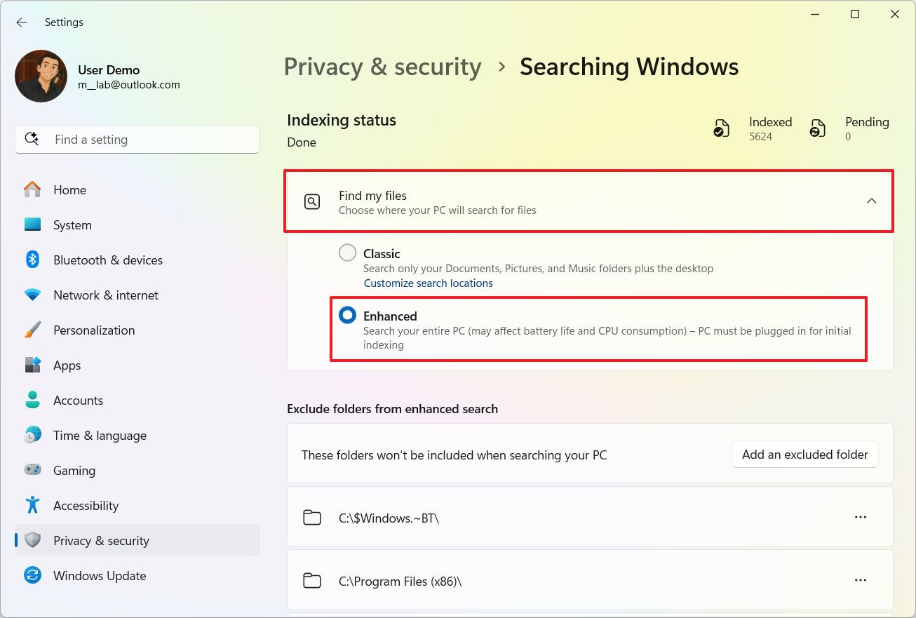 Search index Enhanced option