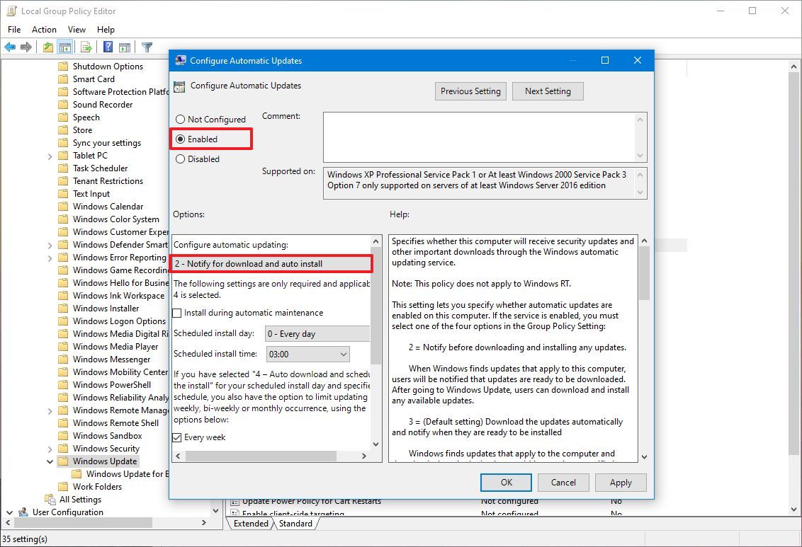 Windows Update automatic update Group Policy settings