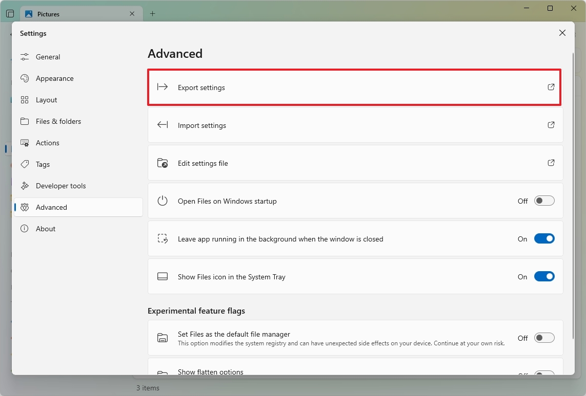 Files App export settings
