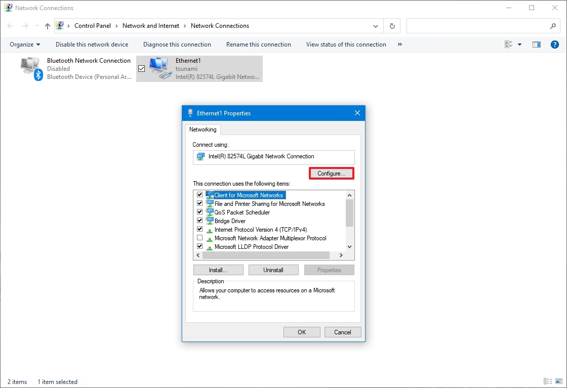 Network adapter configure option