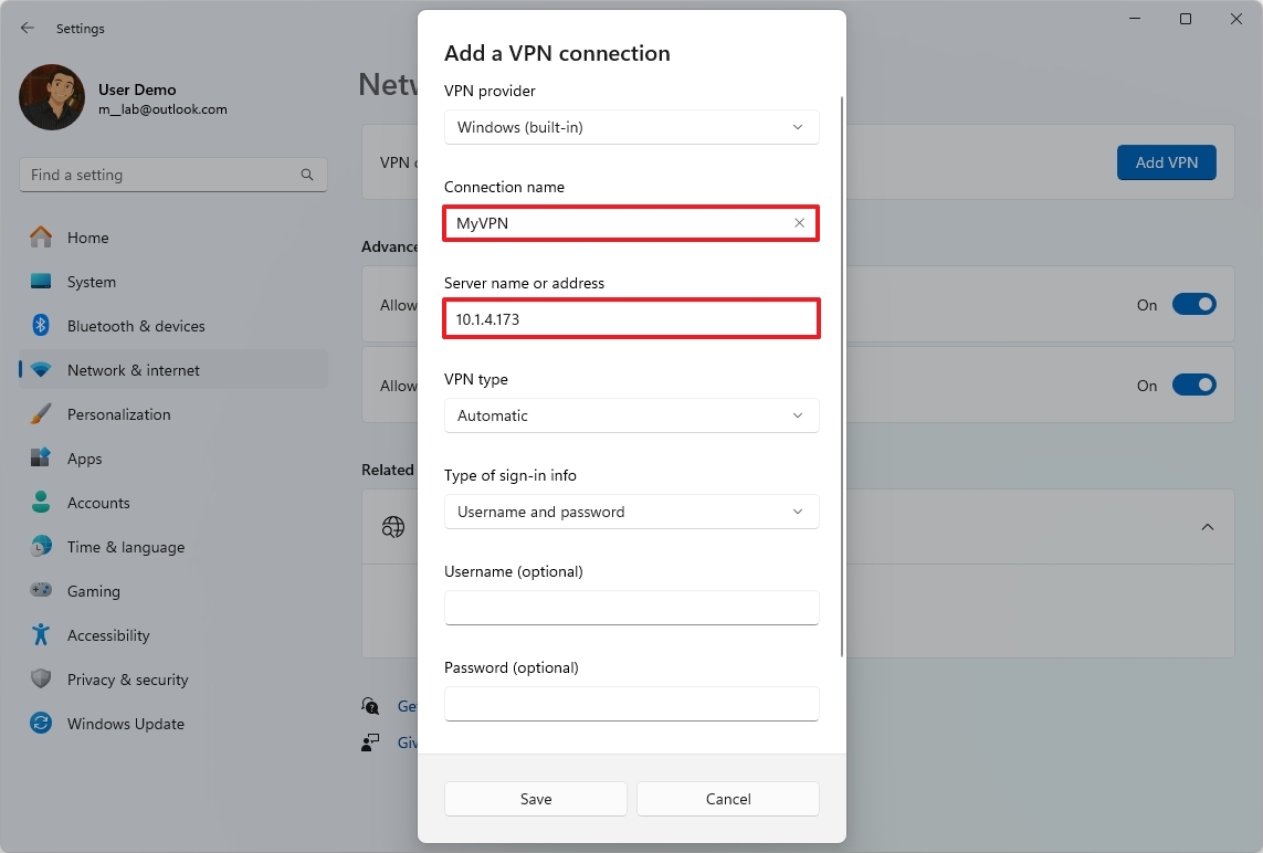 Create VPN connection on Windows 11