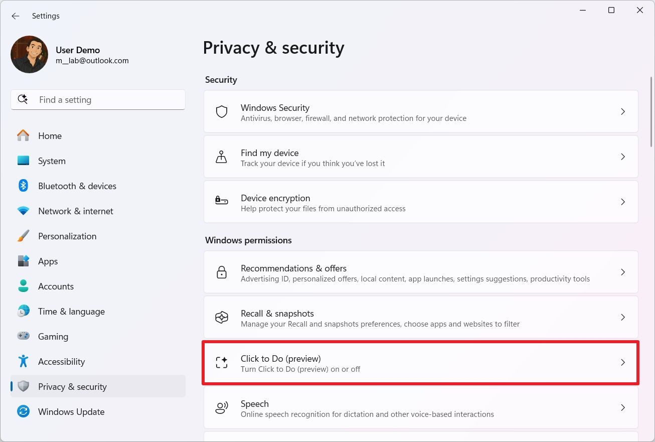 Open Click to Do settings