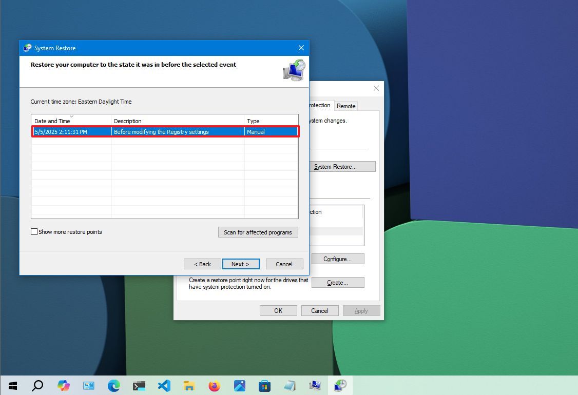 Select Restore point on Windows 10