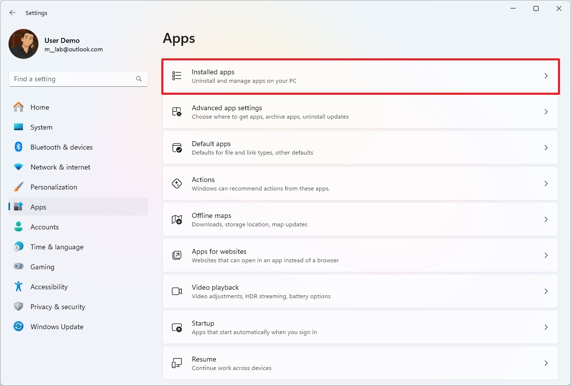 Open Installed apps settings