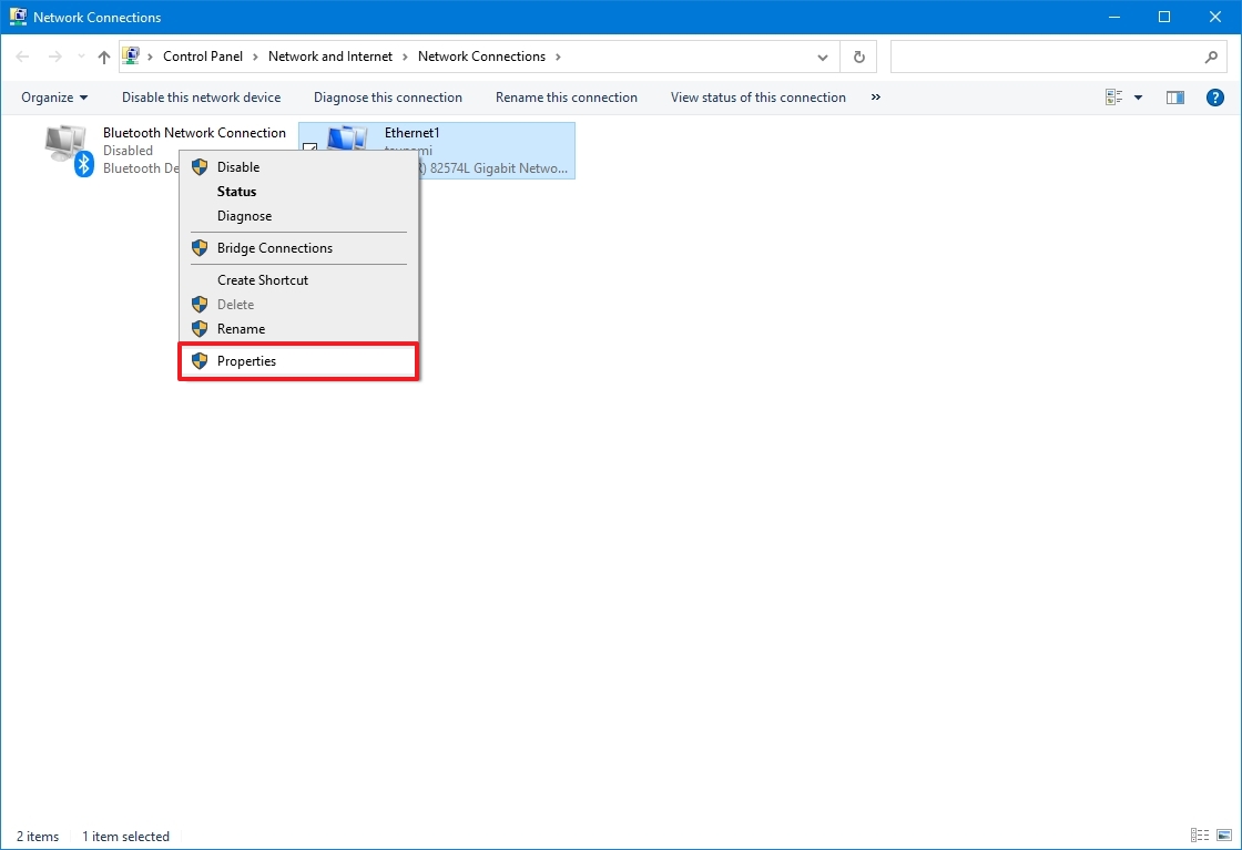 Control Panel network adapter properties