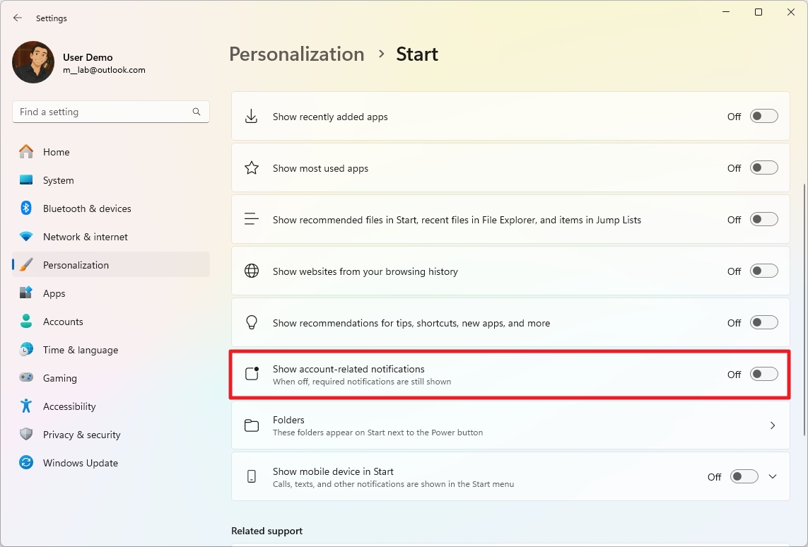 إظهار الإشعارات المتعلقة بالحساب