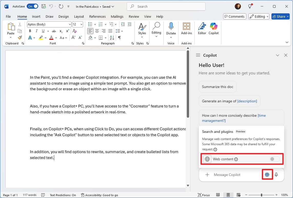 Word Copilot enable web content