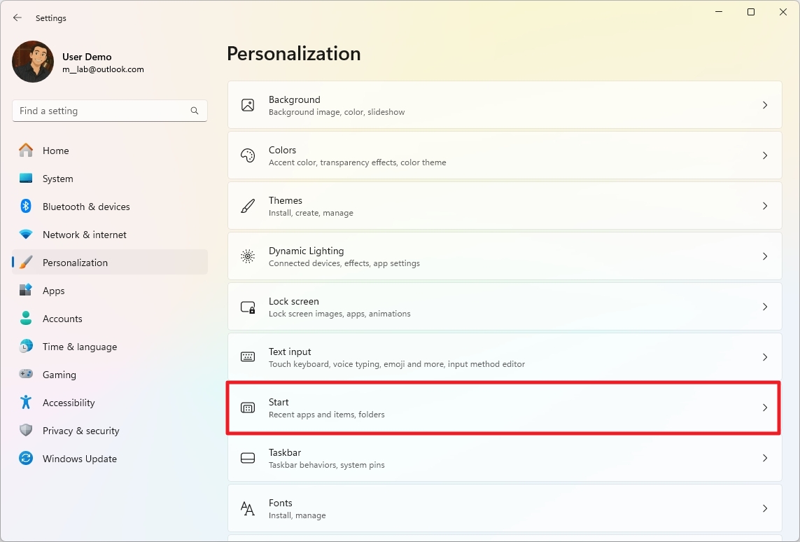 Windows 11 Start settings