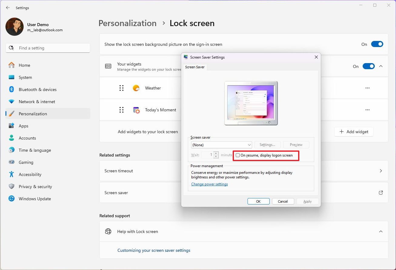 عند الاستئناف، اعرض شاشة تسجيل الدخول (On resume, display logon screen)