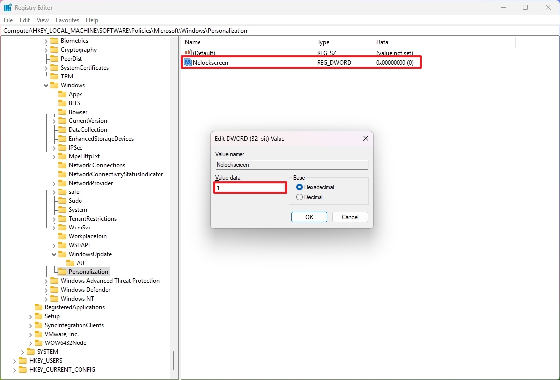 Nolockscreen create Registry key