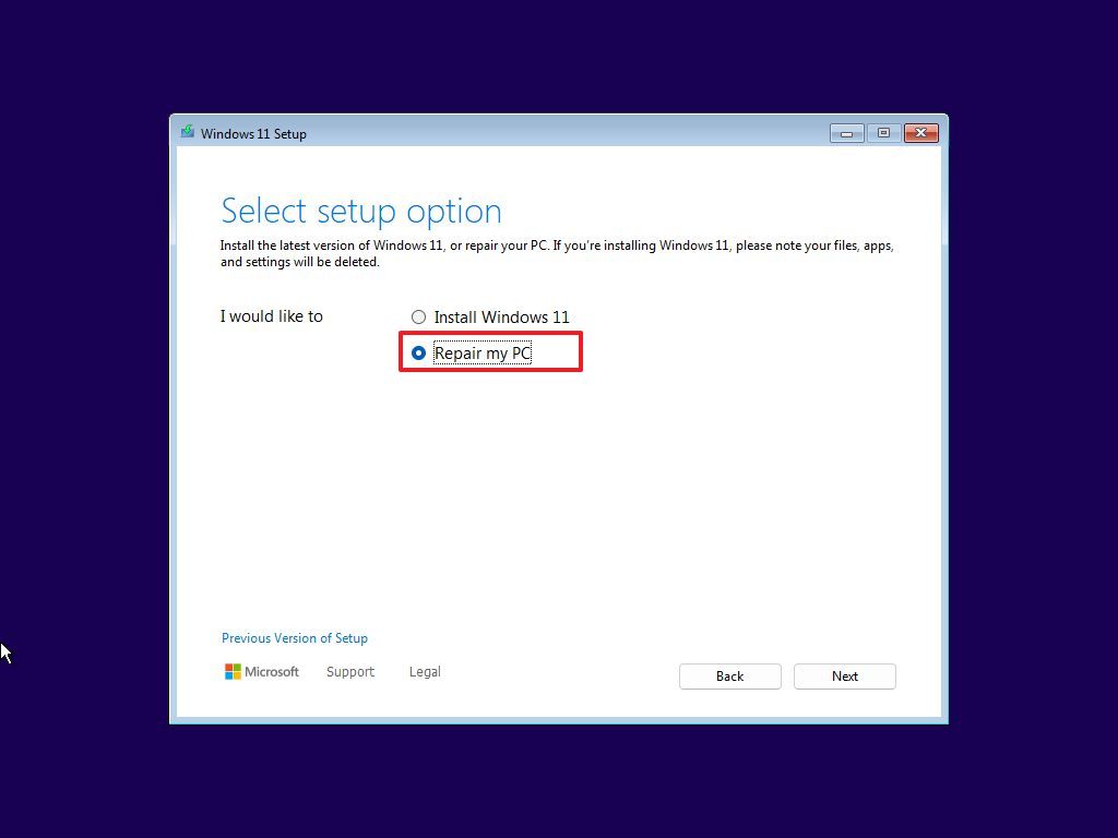 Windows Setup repair device