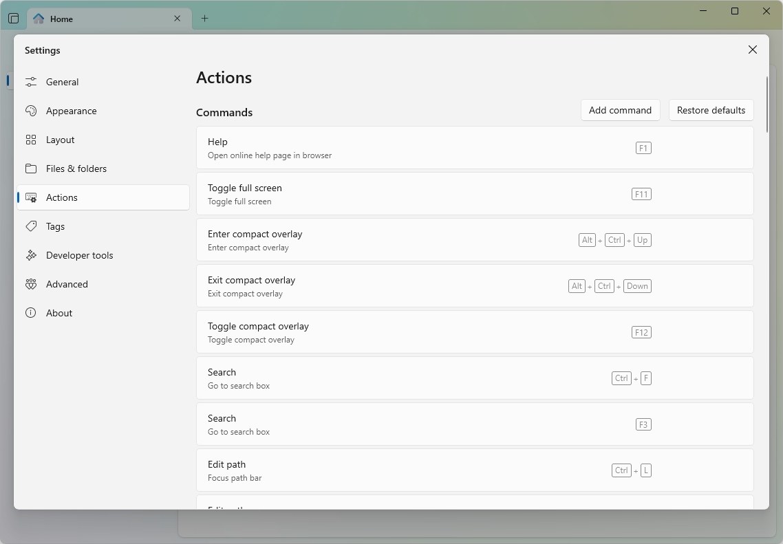Files App Actions settings