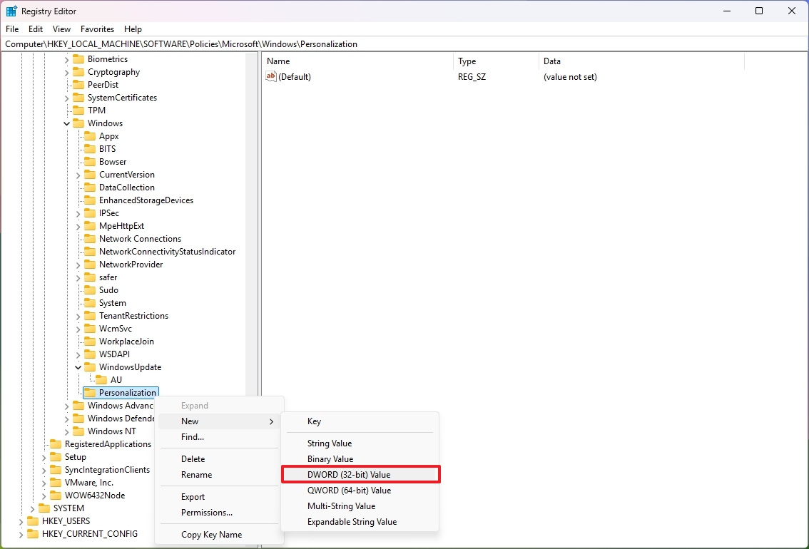 Registry create Personalization key