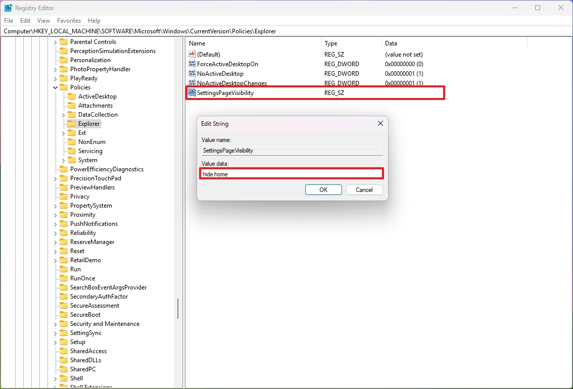 Registry disable Home in Settings