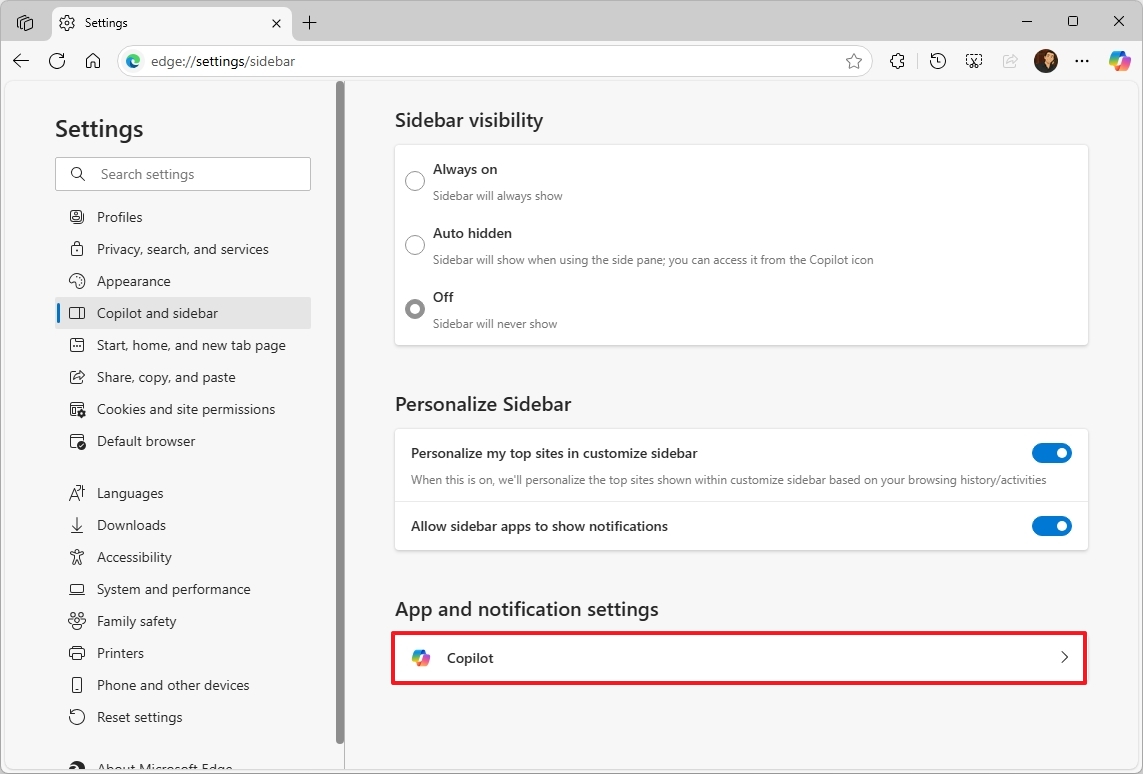 Edge Copilot settings
