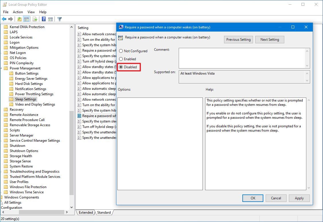 Disable require password after sleep on battery