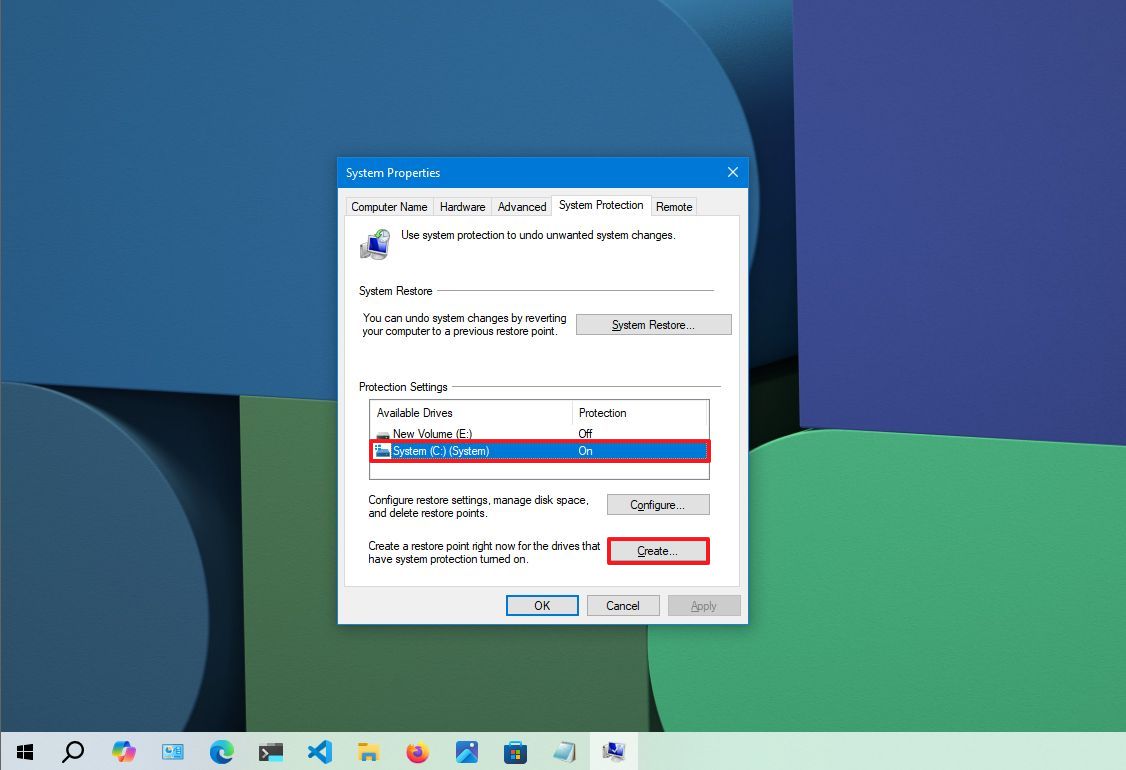 Create system restore point option