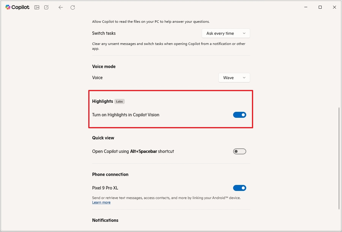 Copilot Highlights option