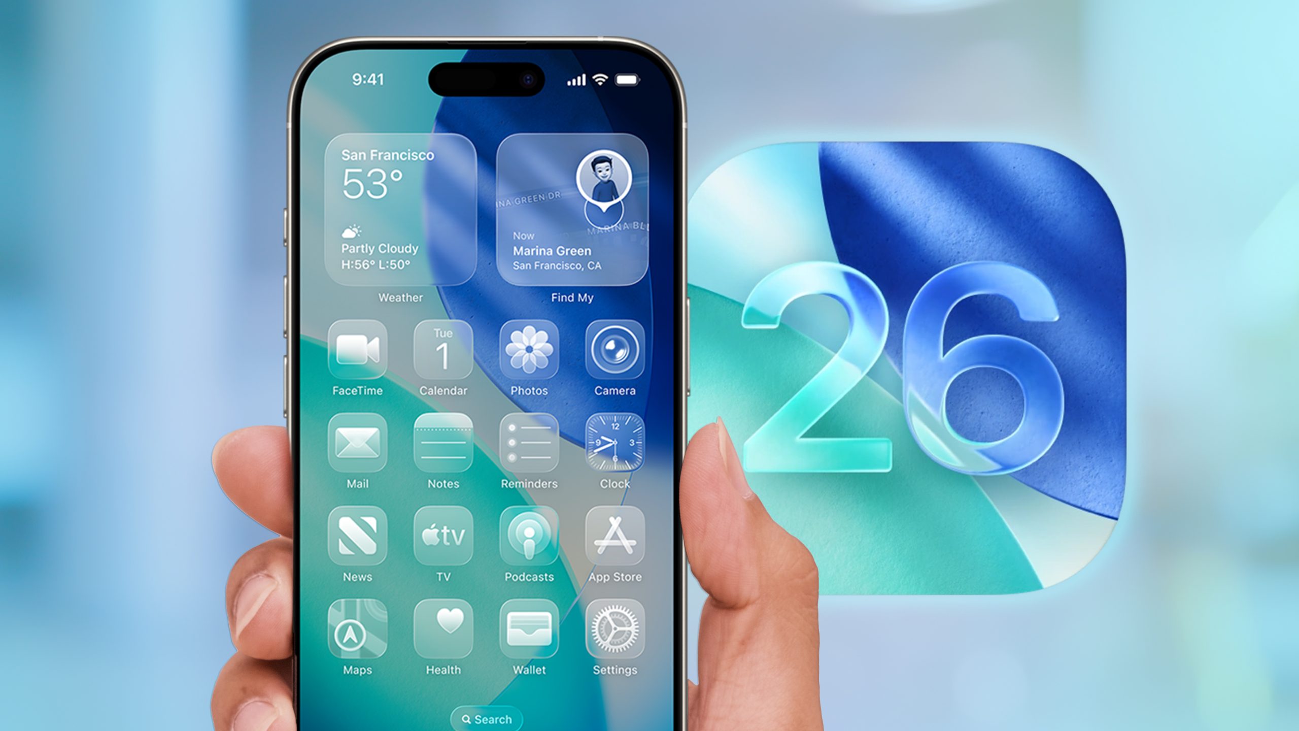 واجهة iOS 26 على جهاز iPhone مع شعار iOS 26 على الجانب