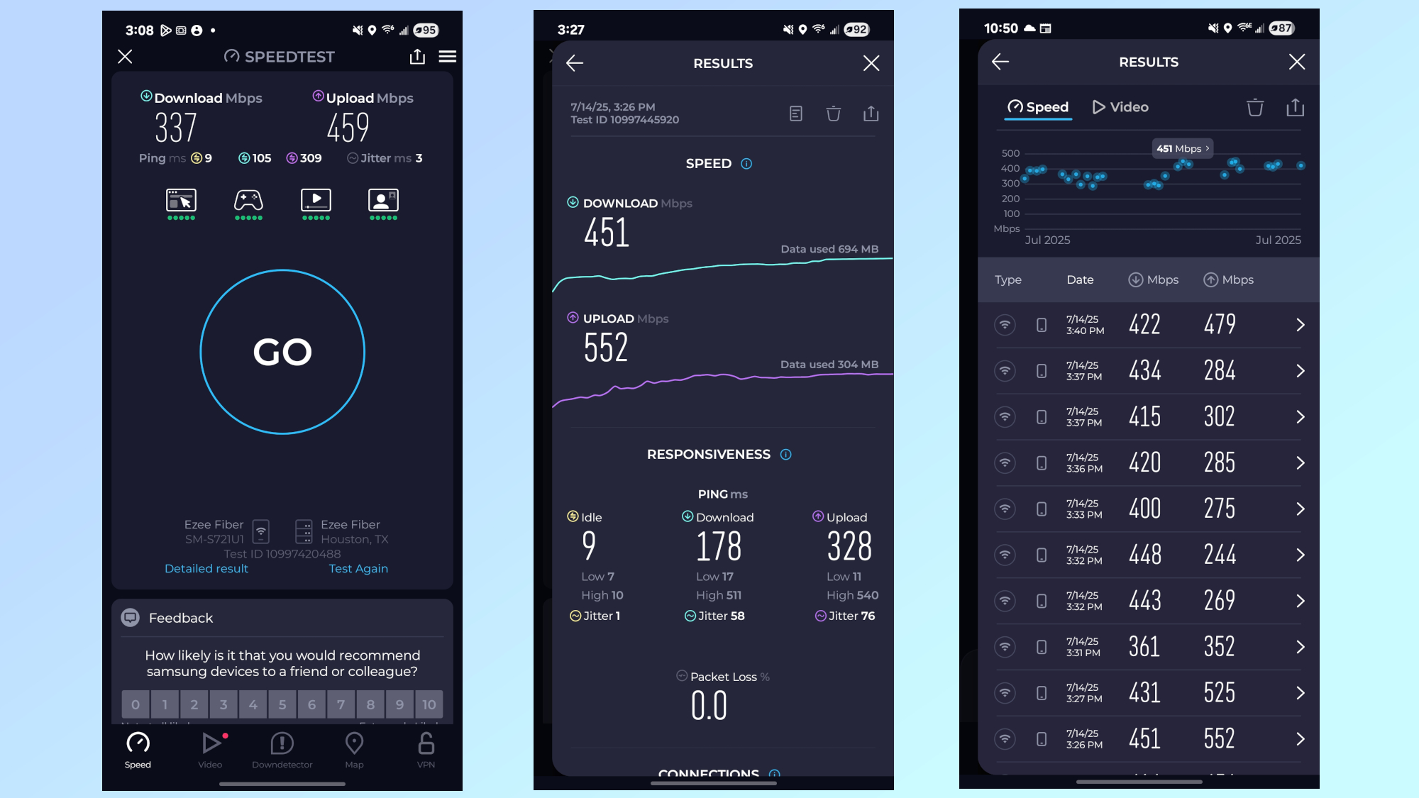 A series of screenshots showing Eero Outdoor 7 speed test results