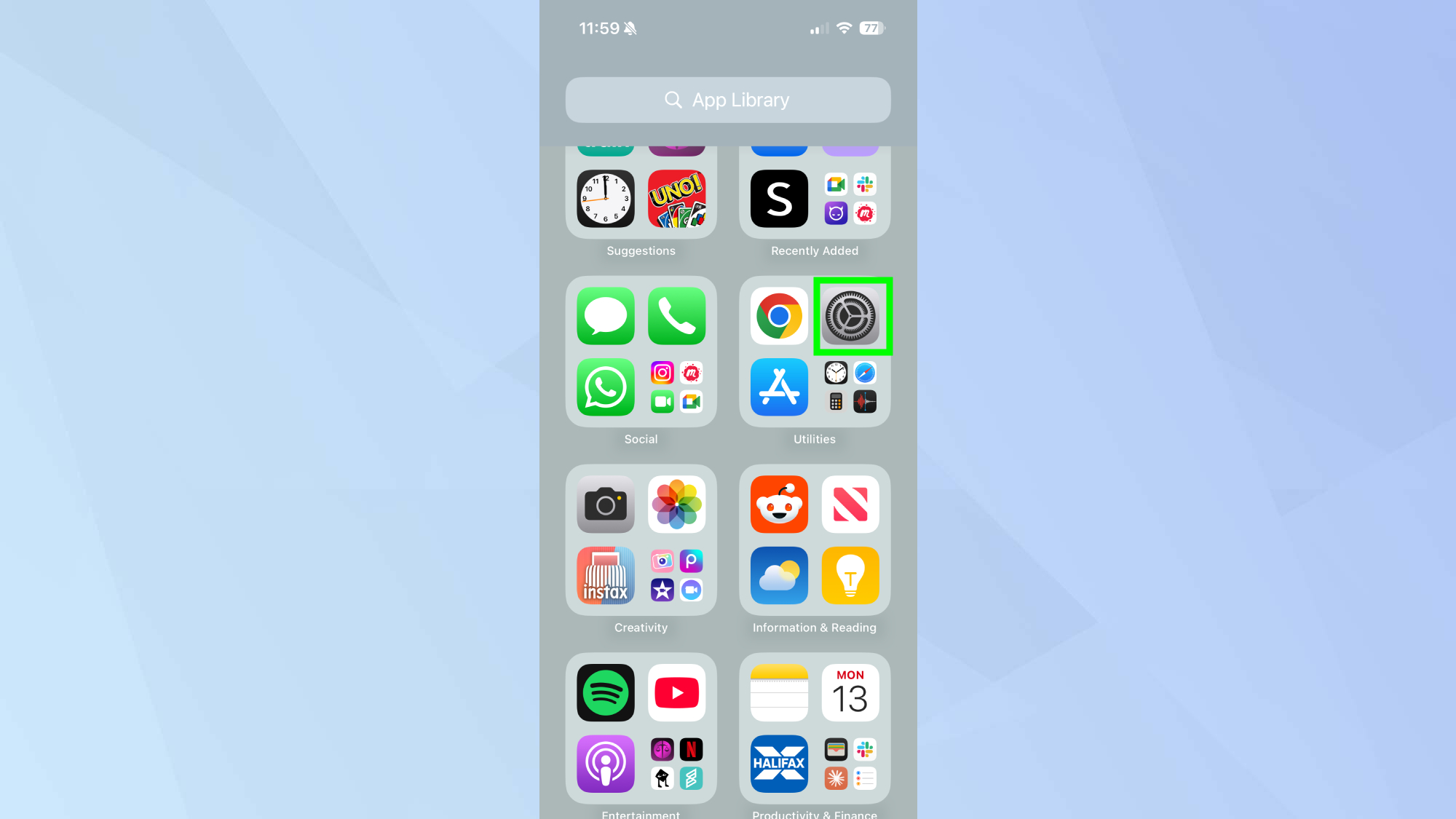 Settings app highlighted