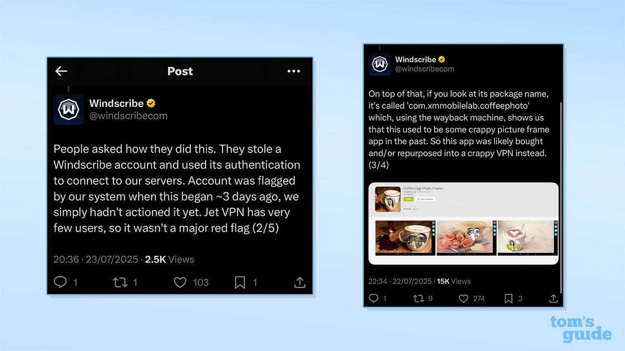 لقطات شاشة لتغريدات Windscribe توضح بالتفصيل إجراءات Jet VPN