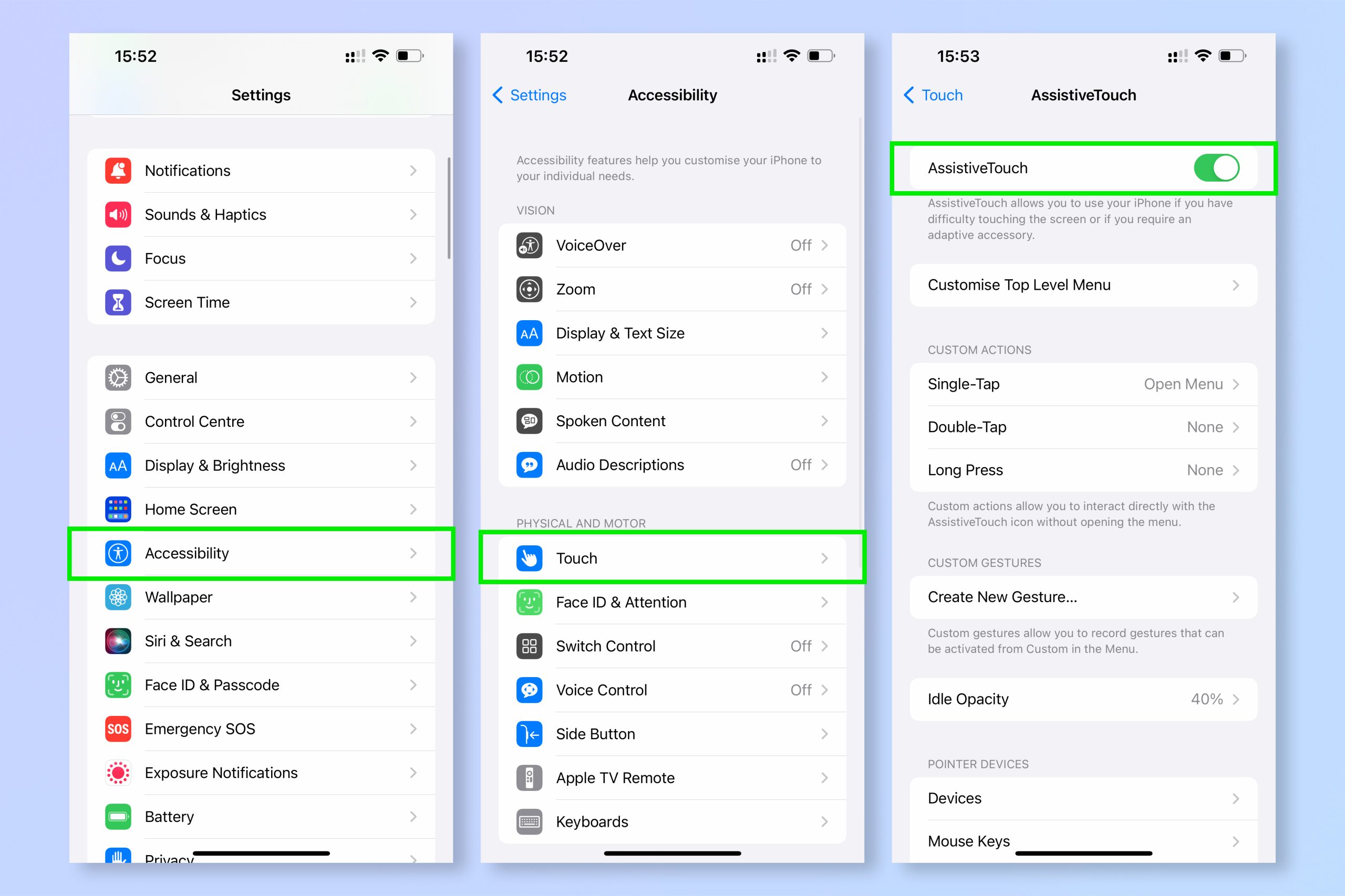 لقطات شاشة توضح قوائم الإعدادات وإمكانية الوصول واللمس وAssistiveTouch على iPhone، مما يدل على الخطوات المطلوبة لإعادة تعيين ذاكرة الوصول العشوائي على iPhone