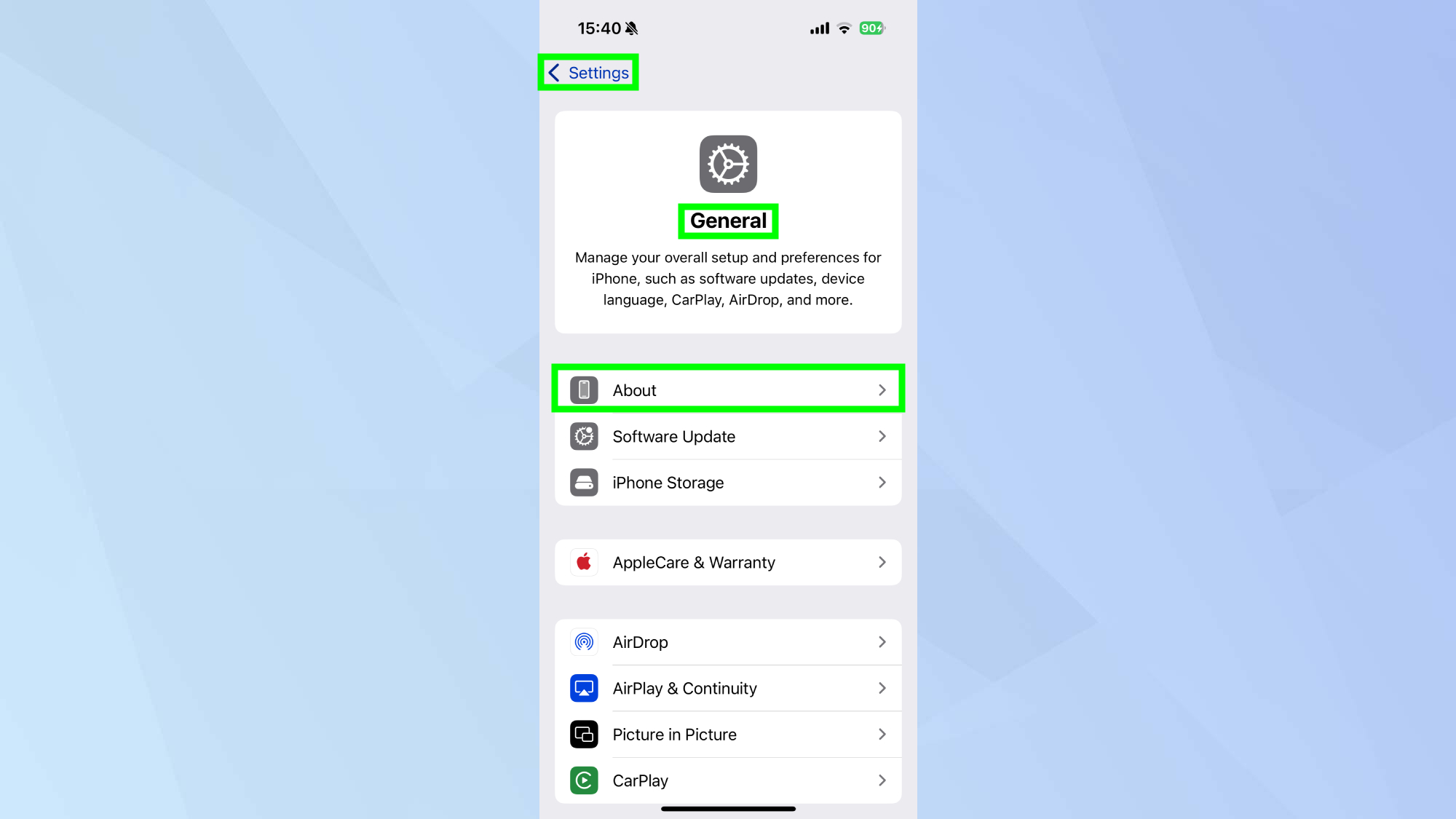 About highlighted in Settings