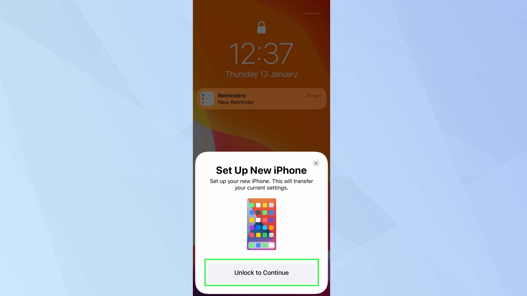 iOS Set Up New iPhone with Unlock to Continue highlighted
