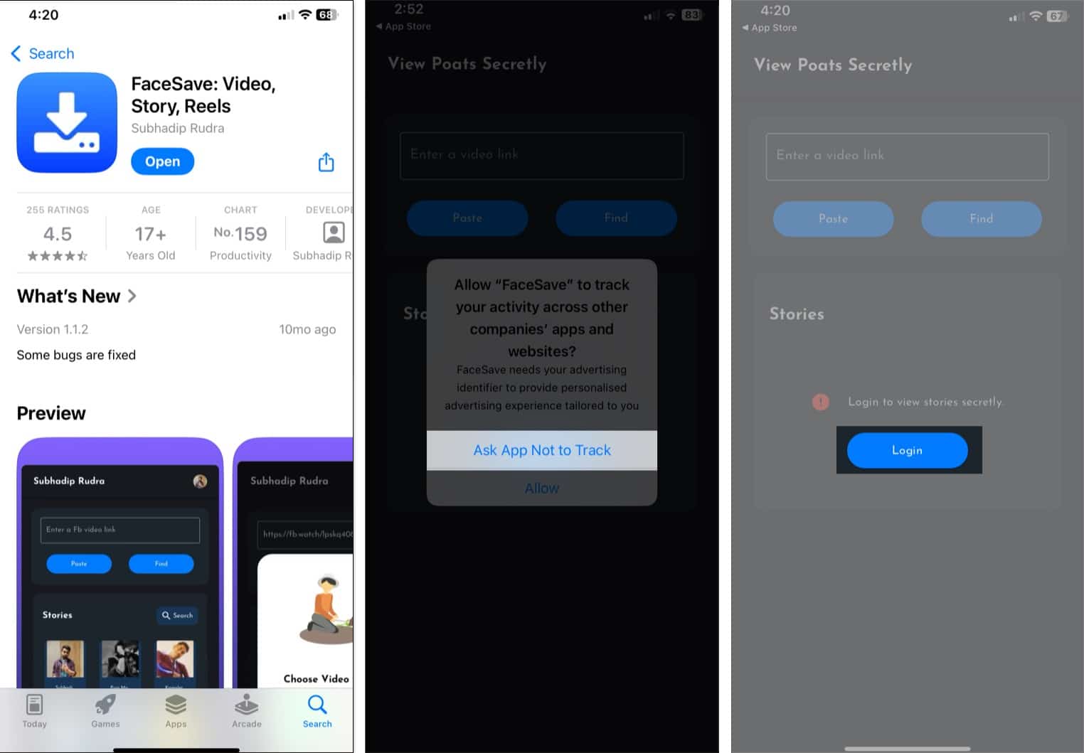Facesave app set up screens on an iphone