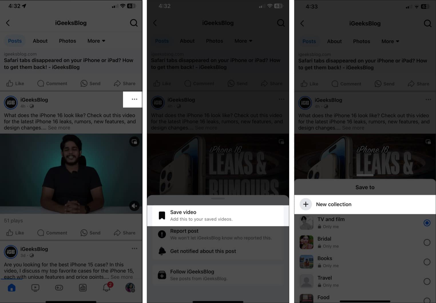 خيار حفظ الفيديو لحفظ فيديو فيسبوك لمشاهدته لاحقًا على تطبيق فيسبوك لنظام iOS