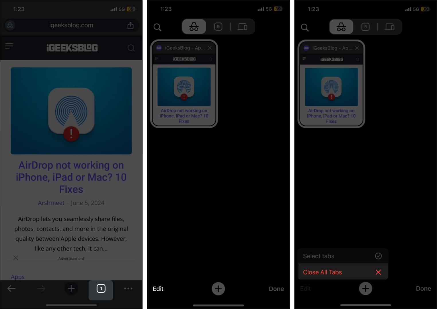 Close incognito tabs in chrome on iphone