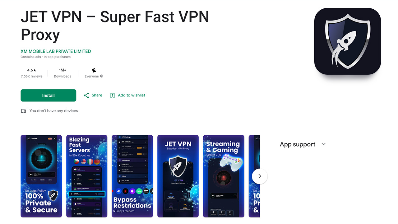 Screenshot of Jet VPN on the Google Play Store