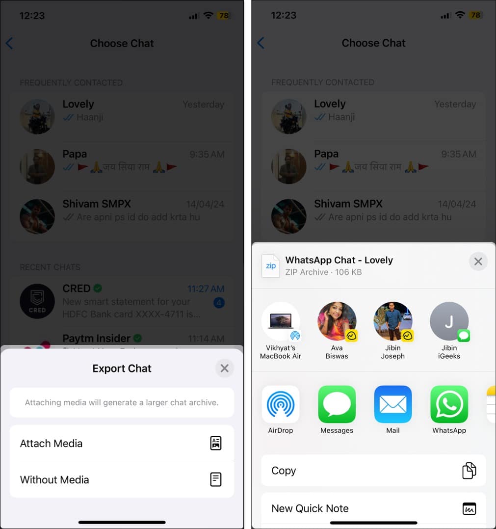 Export whatsapp chat and share file