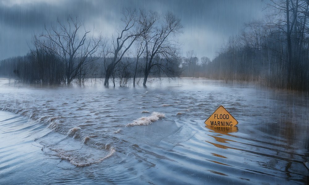 علامة تحذير من الفيضانات، طريق مغمور بالمياه، فيضان نهر، وأمطار غزيرة لأخبار الطقس والفيضانات